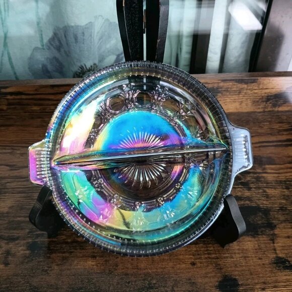 Indiana Glass 8" Round 2 Part Relish Dish Windsor Blue/Gray Carnival Glass - Picture 6 of 10